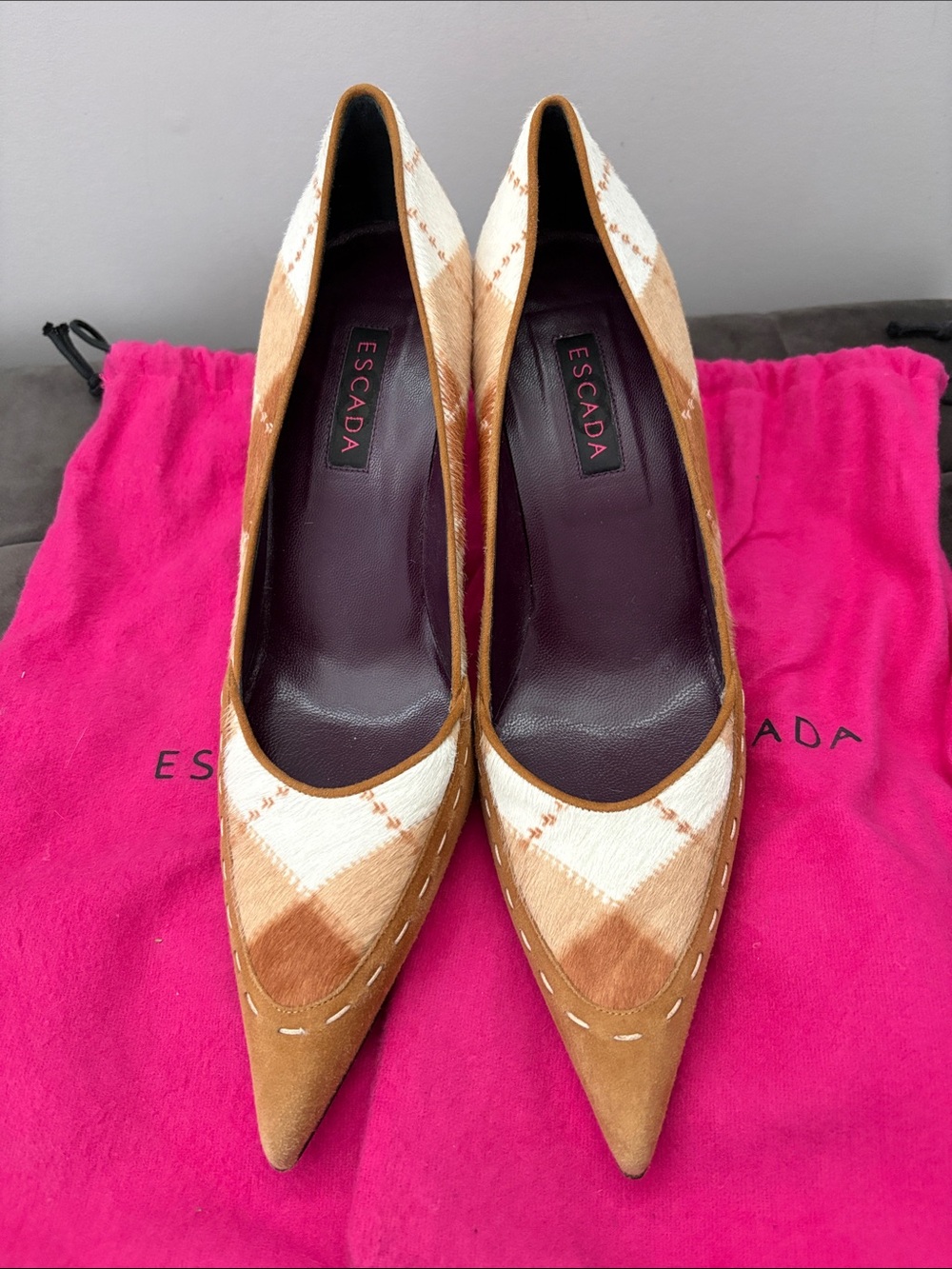 Escada Brown & White Ponyhair and Suede Plaid Pointed-Toe Pumps